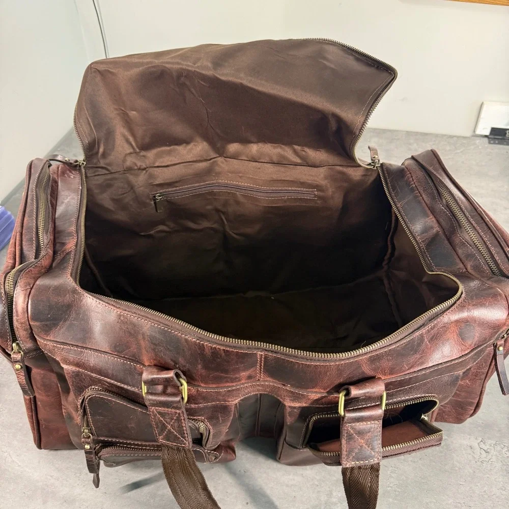 Denver Leather Craft Buffalo Duffel Large Brown Distressed Travel Weekend Bag